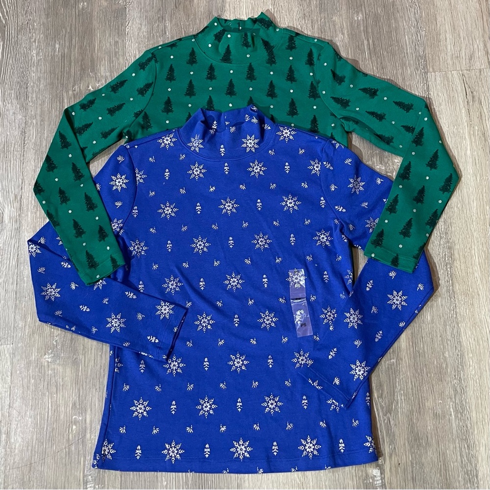 New Karen Scott Holiday Mock-Neck Tops | Snowflake | Tree | Christmas Print | PS